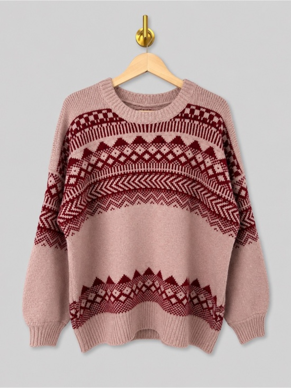 American Eagle Fair Isle Sweater Oversized Crewneck Pink Burgundy knit